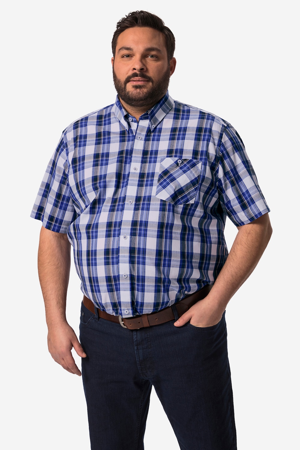 Boston Park geruit overhemd, korte mouwen, buttondown-kraag, comfortabele pasvorm, tot 8XL
