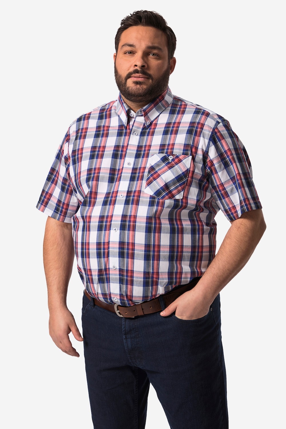 Boston Park geruit overhemd, korte mouwen, buttondown-kraag, comfortabele pasvorm, tot 8XL