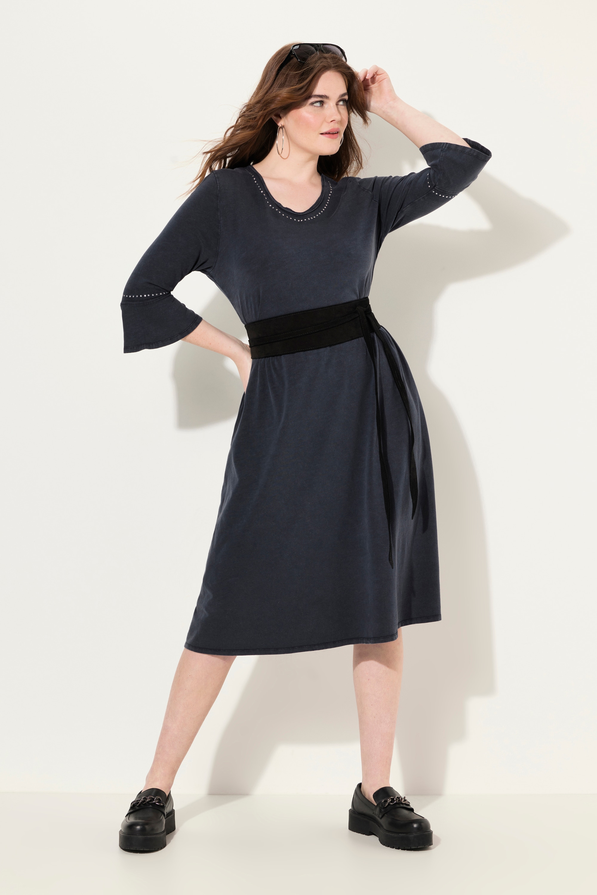 Ulla Popken Damen große Größen Jerseykleid Rollkanten A Linie V Ausschnitt