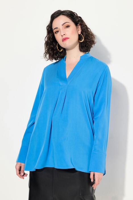 Split Neck Long Sleeve Collared Blouse, royal blue | Ulla Popken