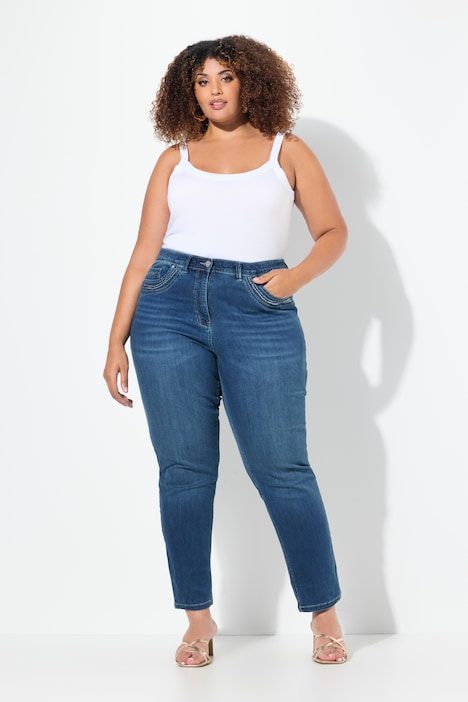 Jean Mom jambe large, rivets fantaisie et taille confortable