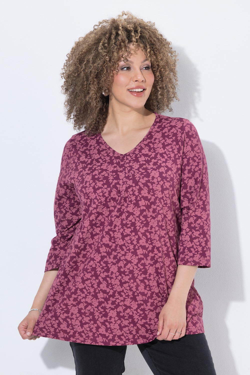 T-Shirt, A-Linie, V-Ausschnitt, Zierfalten, 3/4-Arm