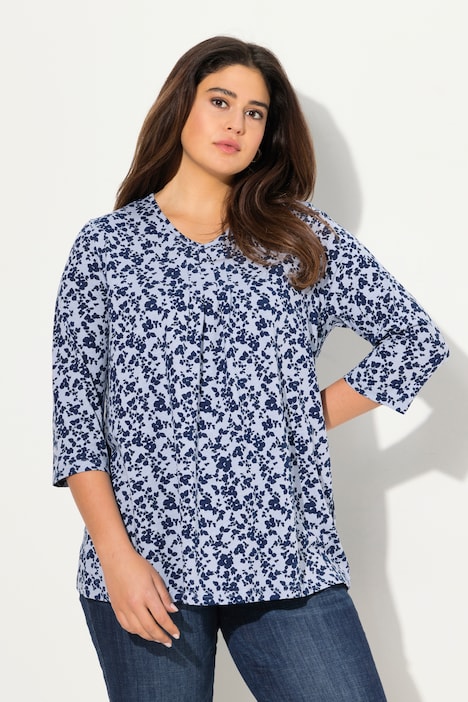 Floral 3/4 Sleeve V-Neck A-Line Tee