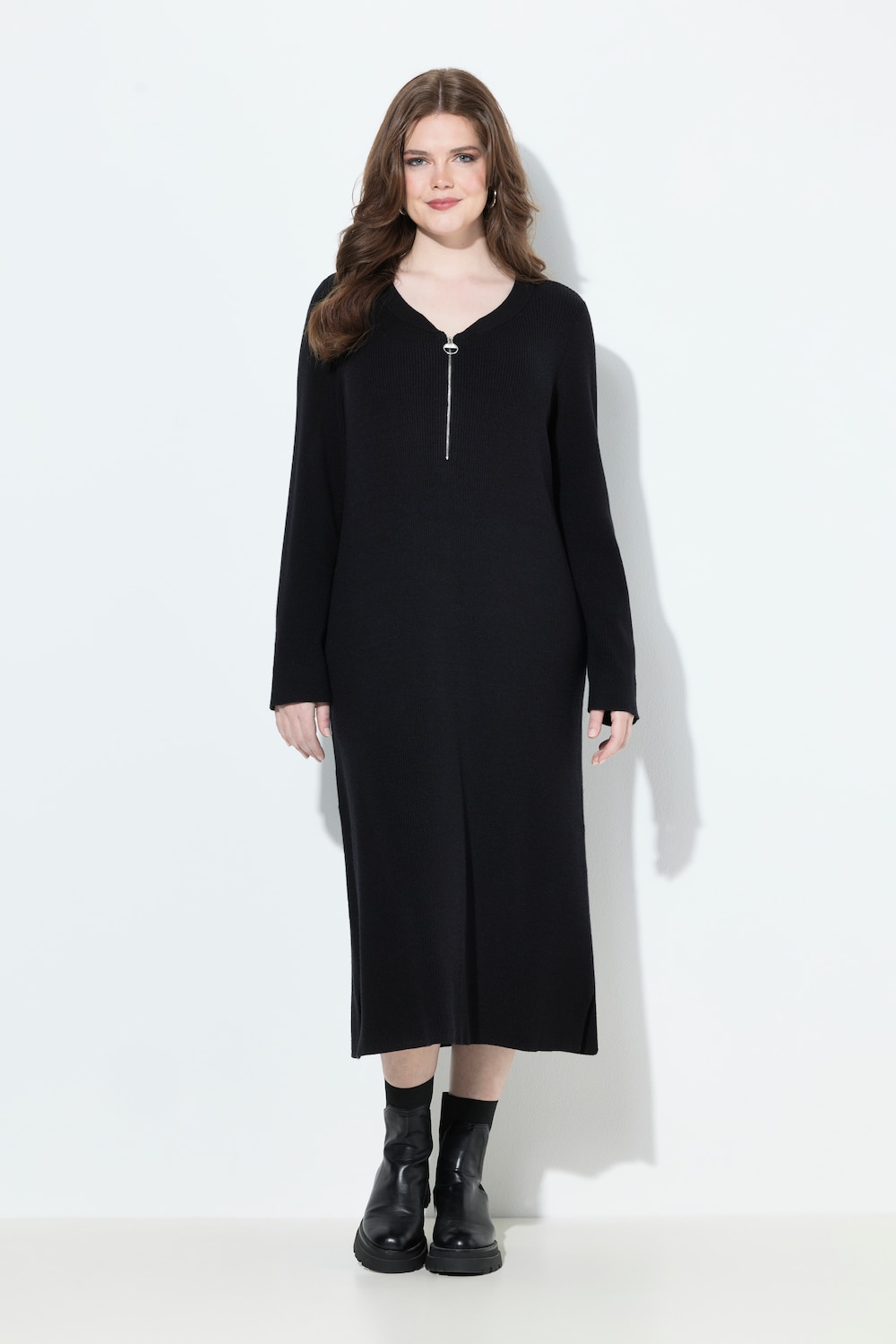 Große Größen Rippjersey-Midikleid, Damen, schwarz, Größe: 50/52, Viskose/Polyester/Synthetische Fasern, Ulla Popken