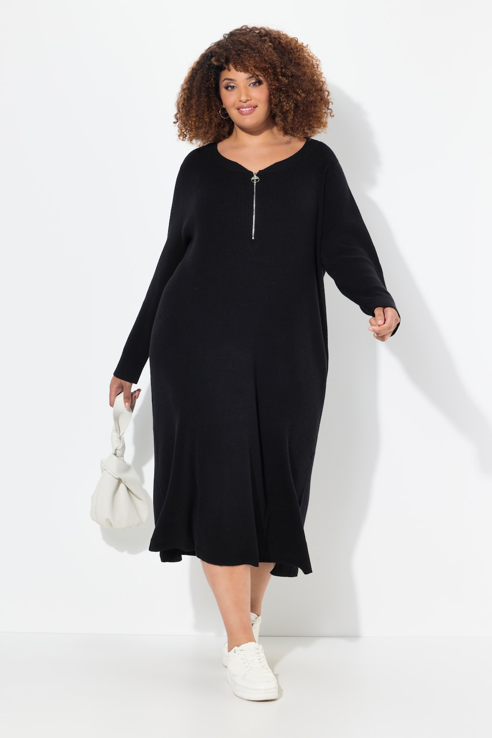Ribjersey midi-jurk, rits, A-lijn, V-hals, lange mouw