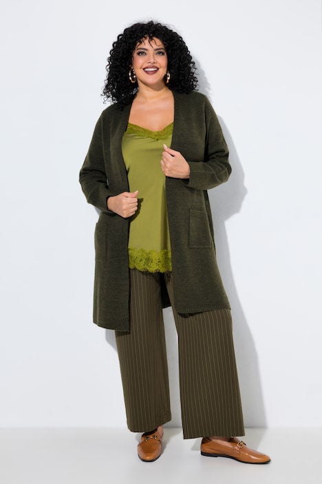 Long-Strickjacke, offene Form, V-Ausschnitt