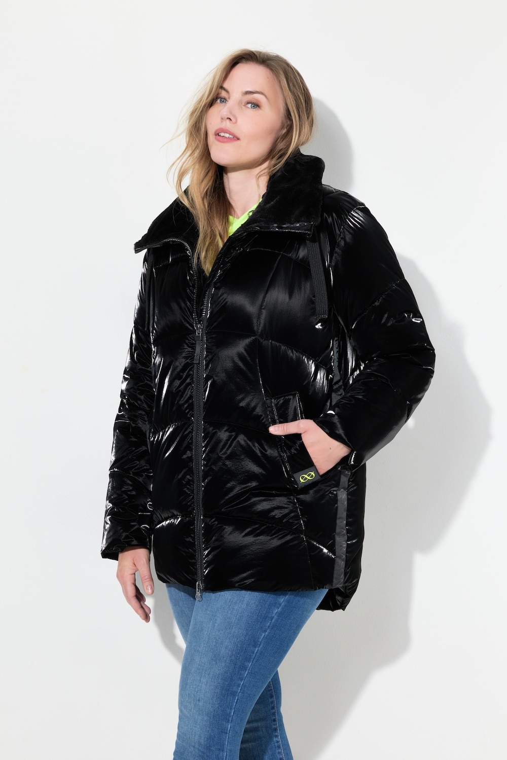 Große Größen Steppjacke mit Webpelzkragen, Damen, schwarz, Größe: XL, Polyester/Nylon, LAURASON