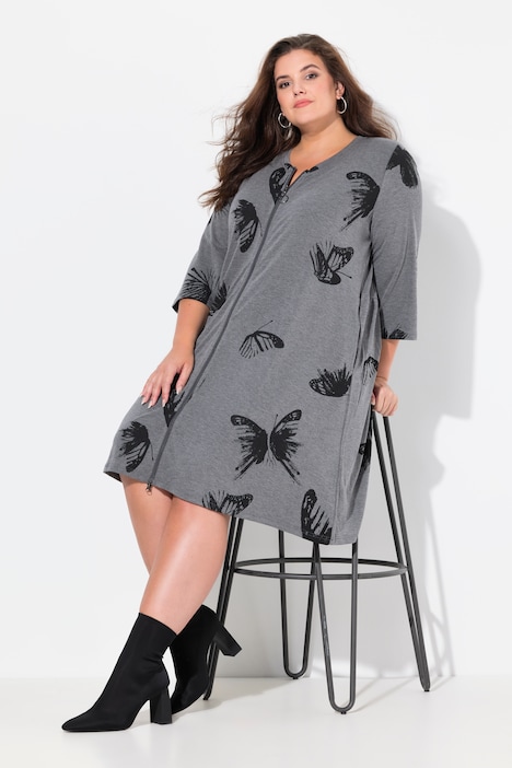 Butterfly Print Zip Front 3/4 Sleeve Dress