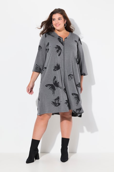 Butterfly Print Zip Front 3/4 Sleeve Dress