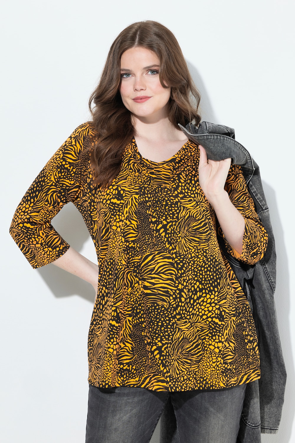 Shirt, Animalmuster, A-Linie, V-Ausschnitt, 3/4-Arm