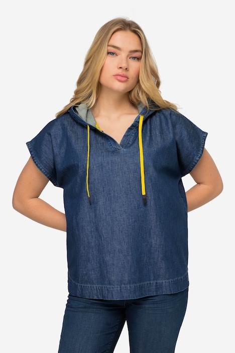 Hooded denim V-neck blouse