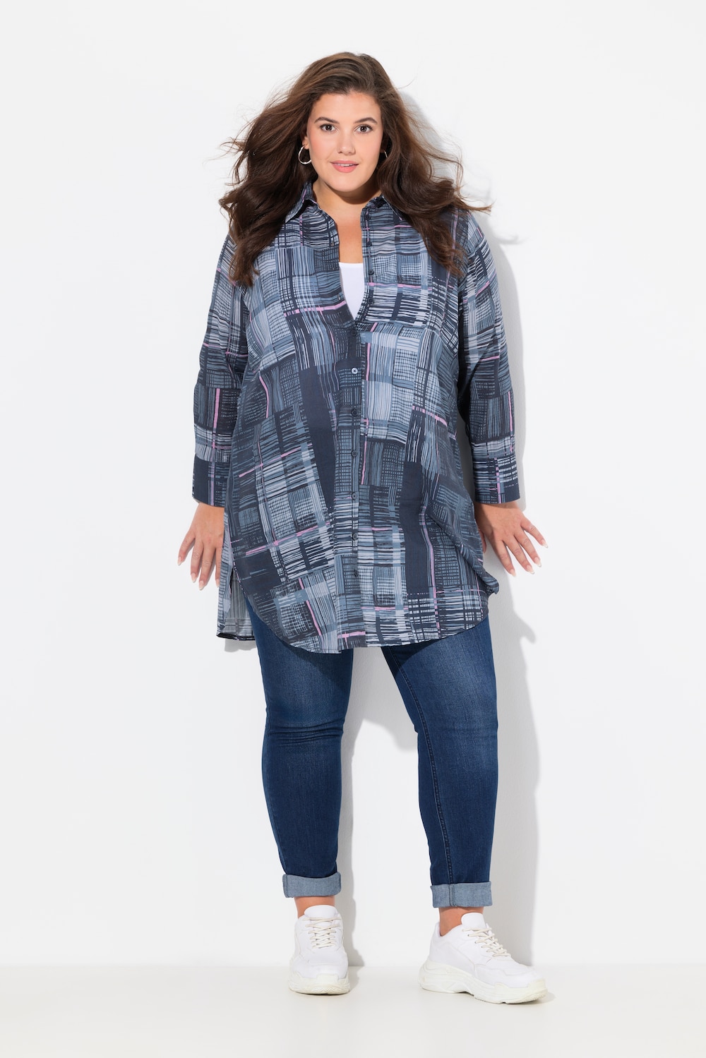 Longbluse, Karo, A-Linie, Hemdkragen, Langarm