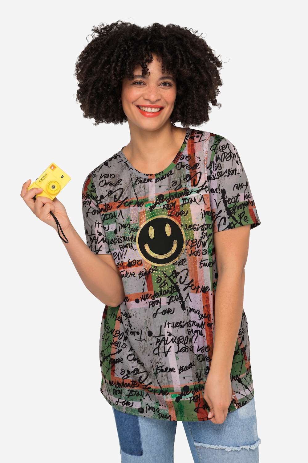 T-shirt, oversized, scribble-motief, smiley, ronde hals, korte mouwen