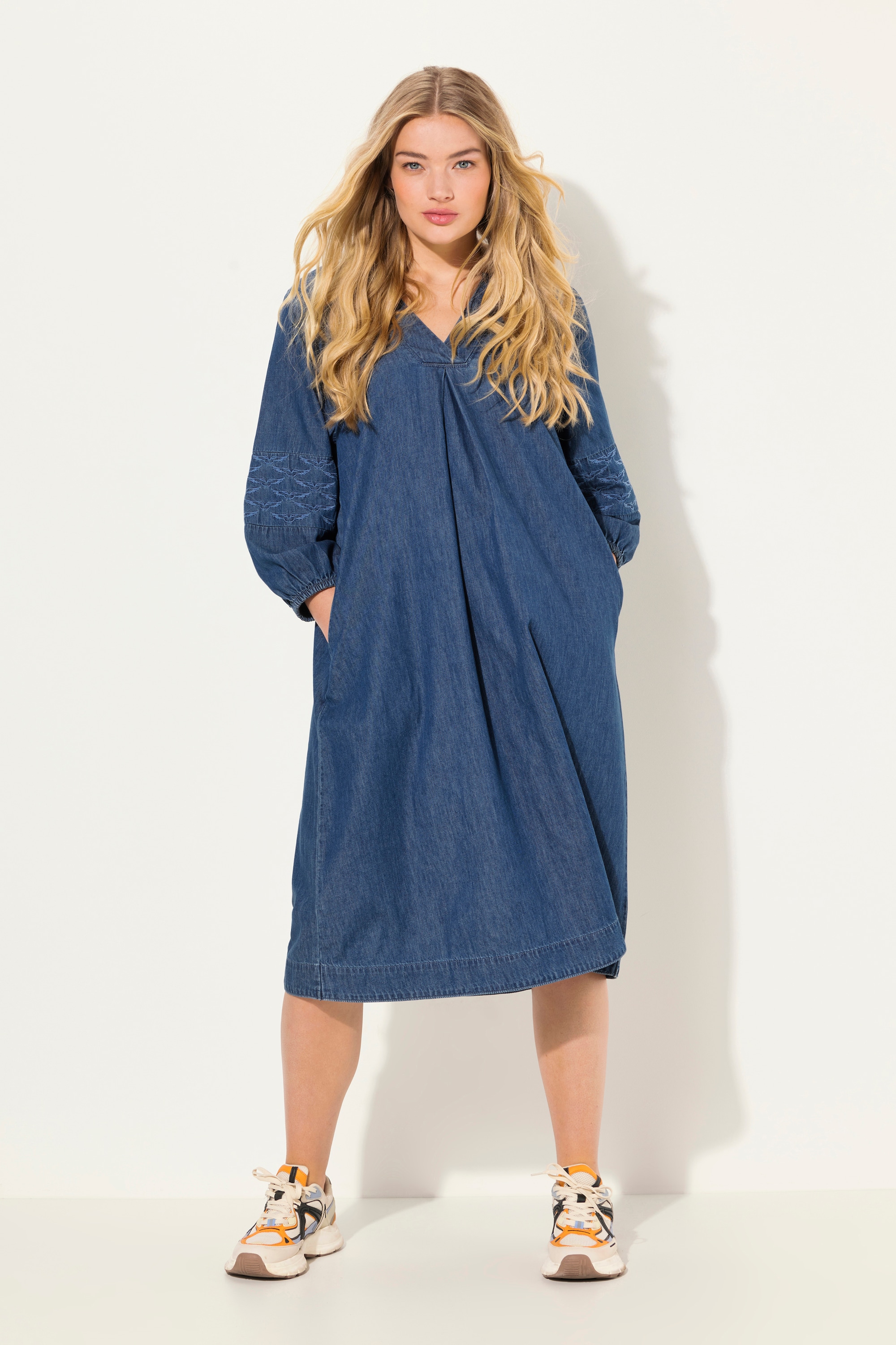 Laurasøn Damen Jeanskleid 3 4 Arm V Ausschnitt Midilänge 830910