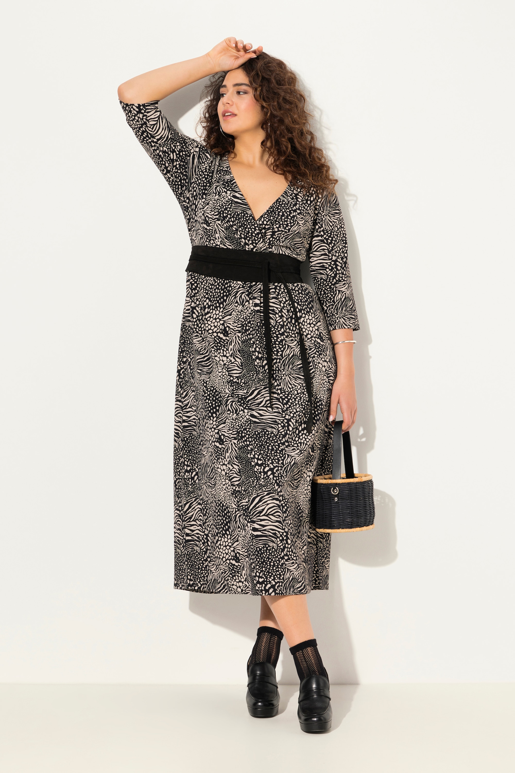 Ulla Popken Damen große Größen Jersey Maxikleid Animal A Linie V Ausschnitt