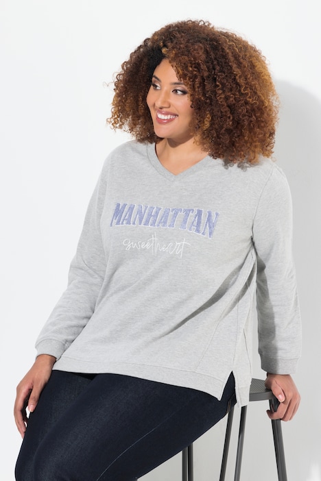 Sweat-shirt col en V et manches longues, imprimé en tissu éponge