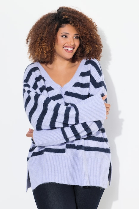 Split Stripe Long Sleeve V-Neck Sweater