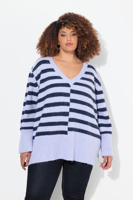 Split Stripe Long Sleeve V-Neck Sweater