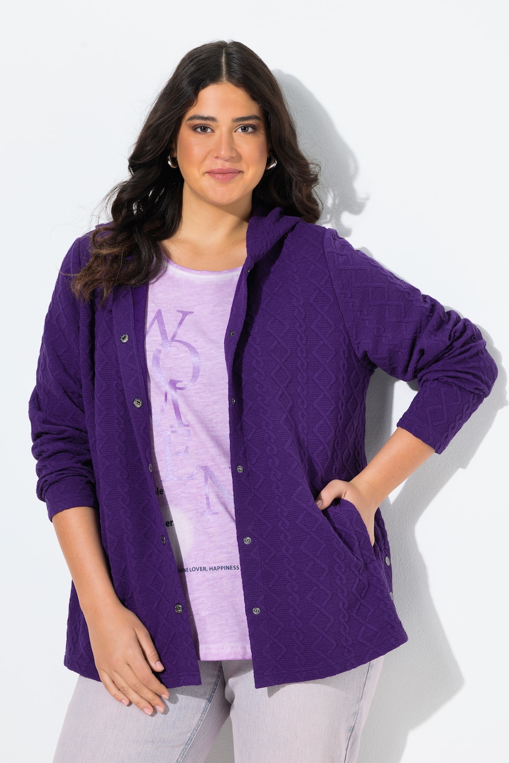 Hoodie-Jacke, Zopfmuster, Druckknöpfe, hinten länger