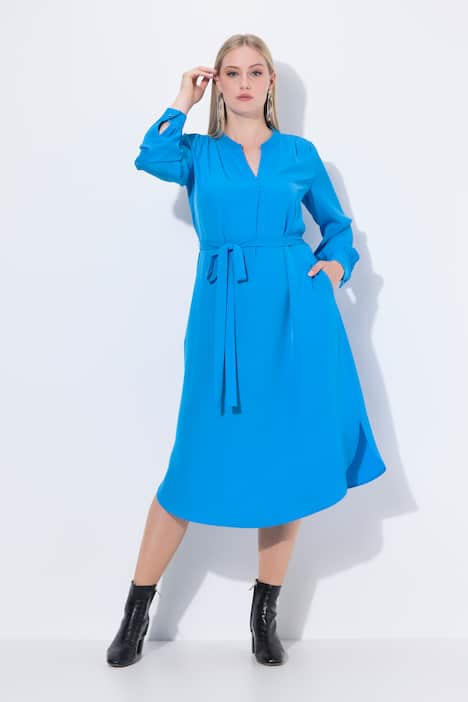 Midikleid, V-Ausschnitt, Bindegürtel, Langarm, Taschen