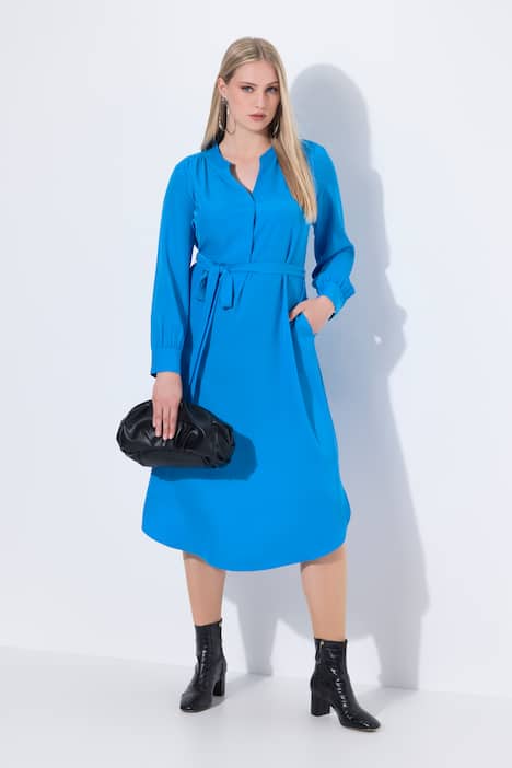 Midikleid, V-Ausschnitt, Bindegürtel, Langarm, Taschen