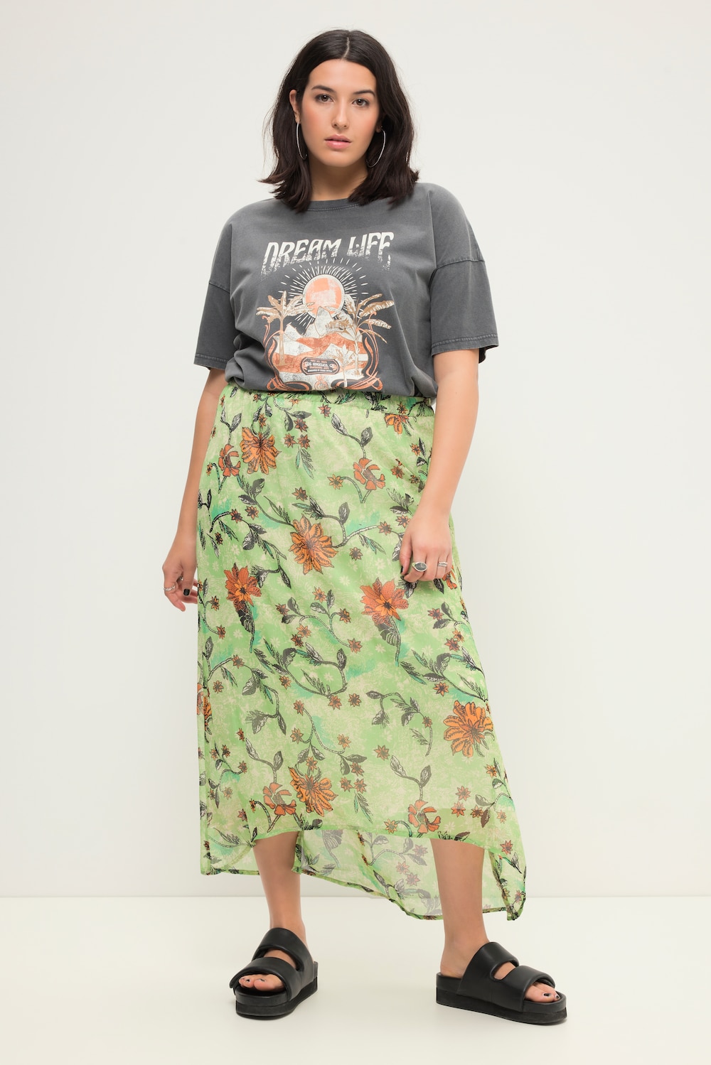 Midirock, A-Line, Chiffon, Flowerprint, Elastikbund