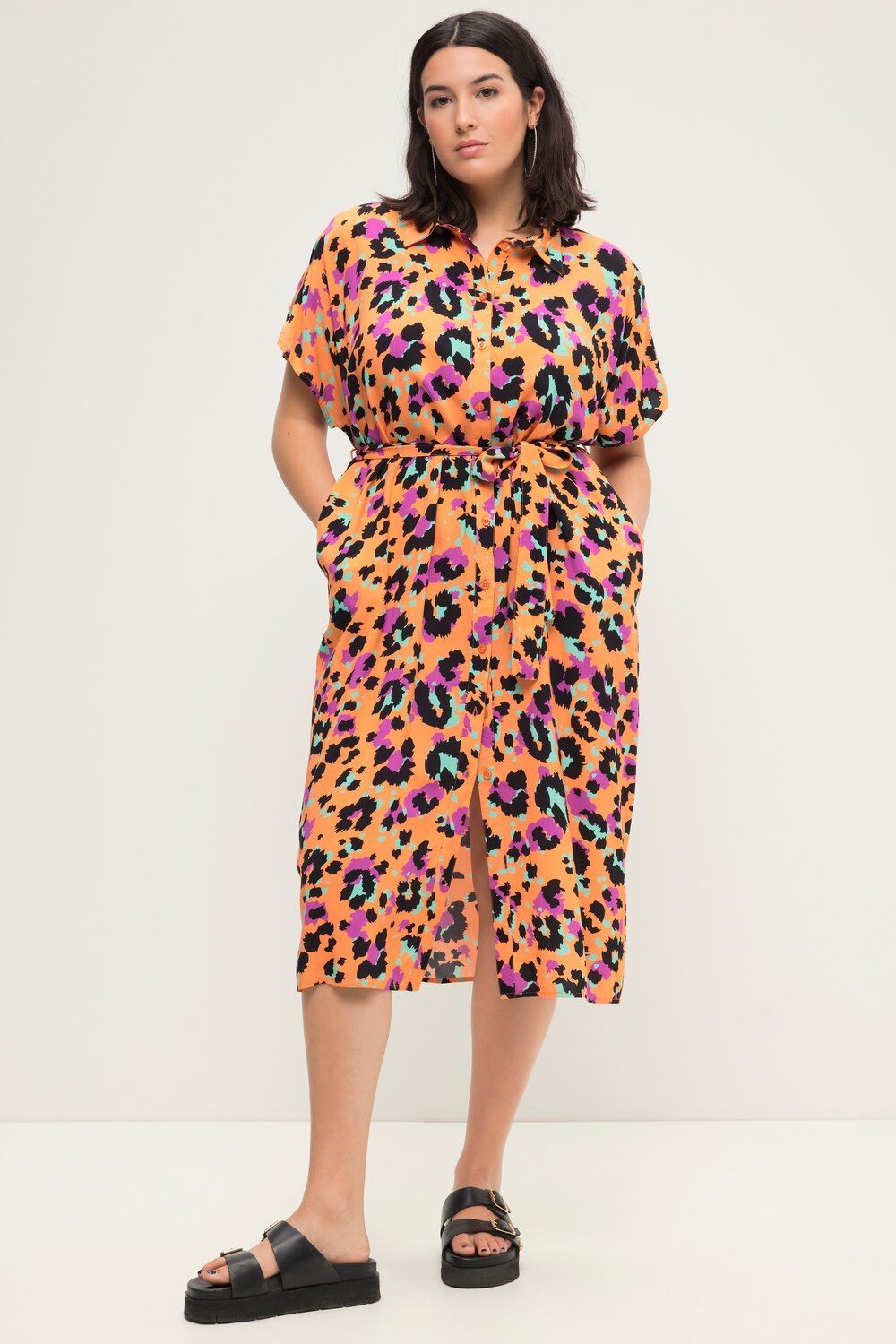 Hemdblusen-Midikleid, oversized, Color-Leo, Bindegürtel