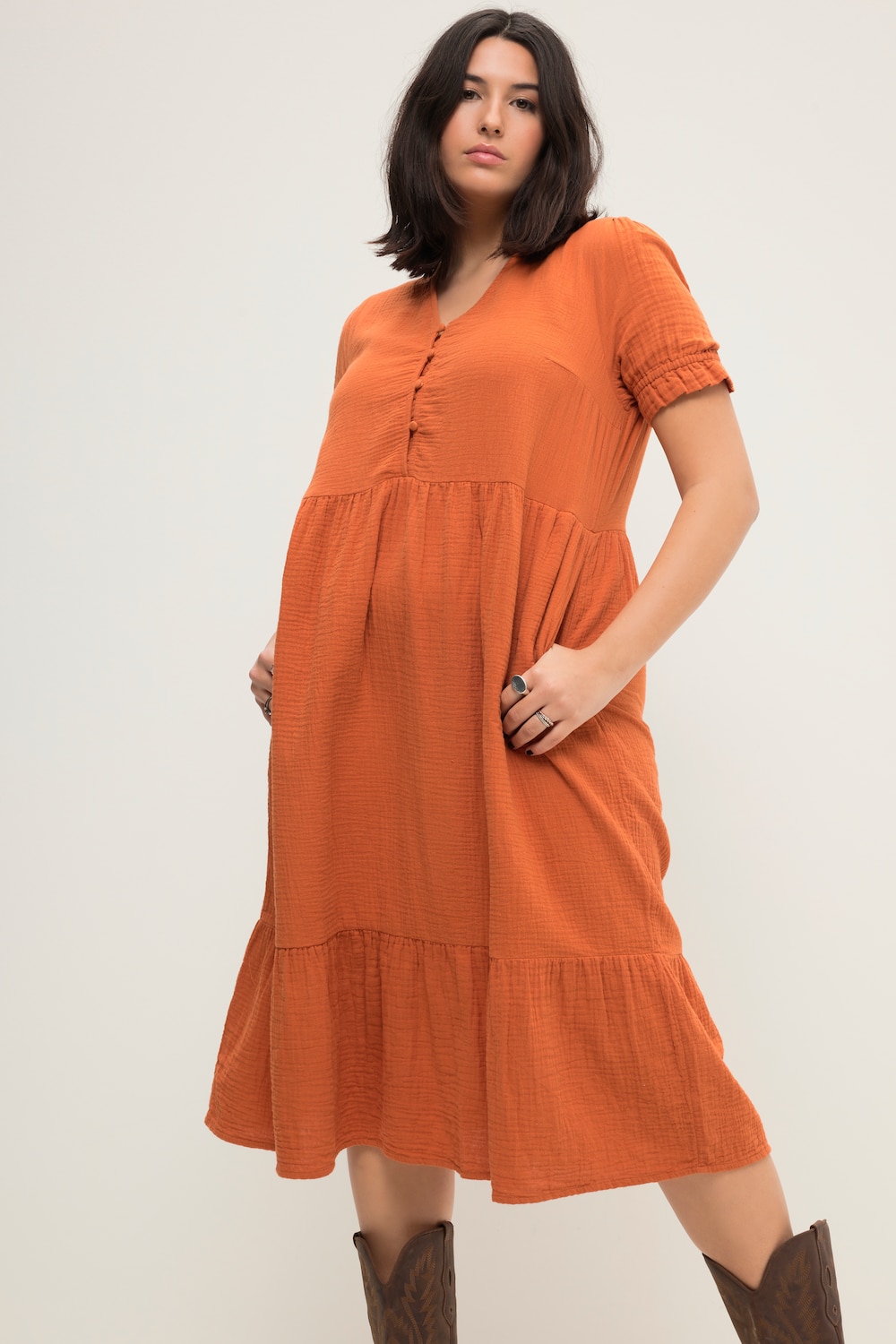 Große Größen Musselin-Midikleid, Damen, orange, Größe: 50/52, Baumwolle, Studio Untold