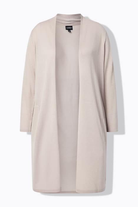 Long-Strickjacke, offene Form, V-Ausschnitt, Stehkragen
