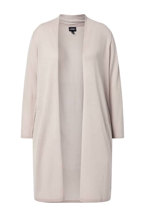 Dlouhý rozepínací svetr, otevřené provedení, výstřih do V, stojáček