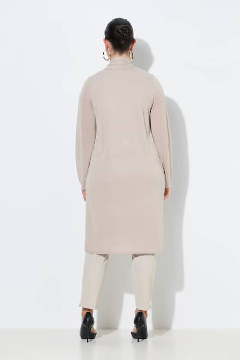 Long-Strickjacke, offene Form, V-Ausschnitt, Stehkragen