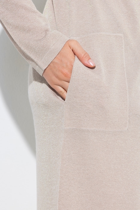 Long-Strickjacke, offene Form, V-Ausschnitt, Stehkragen