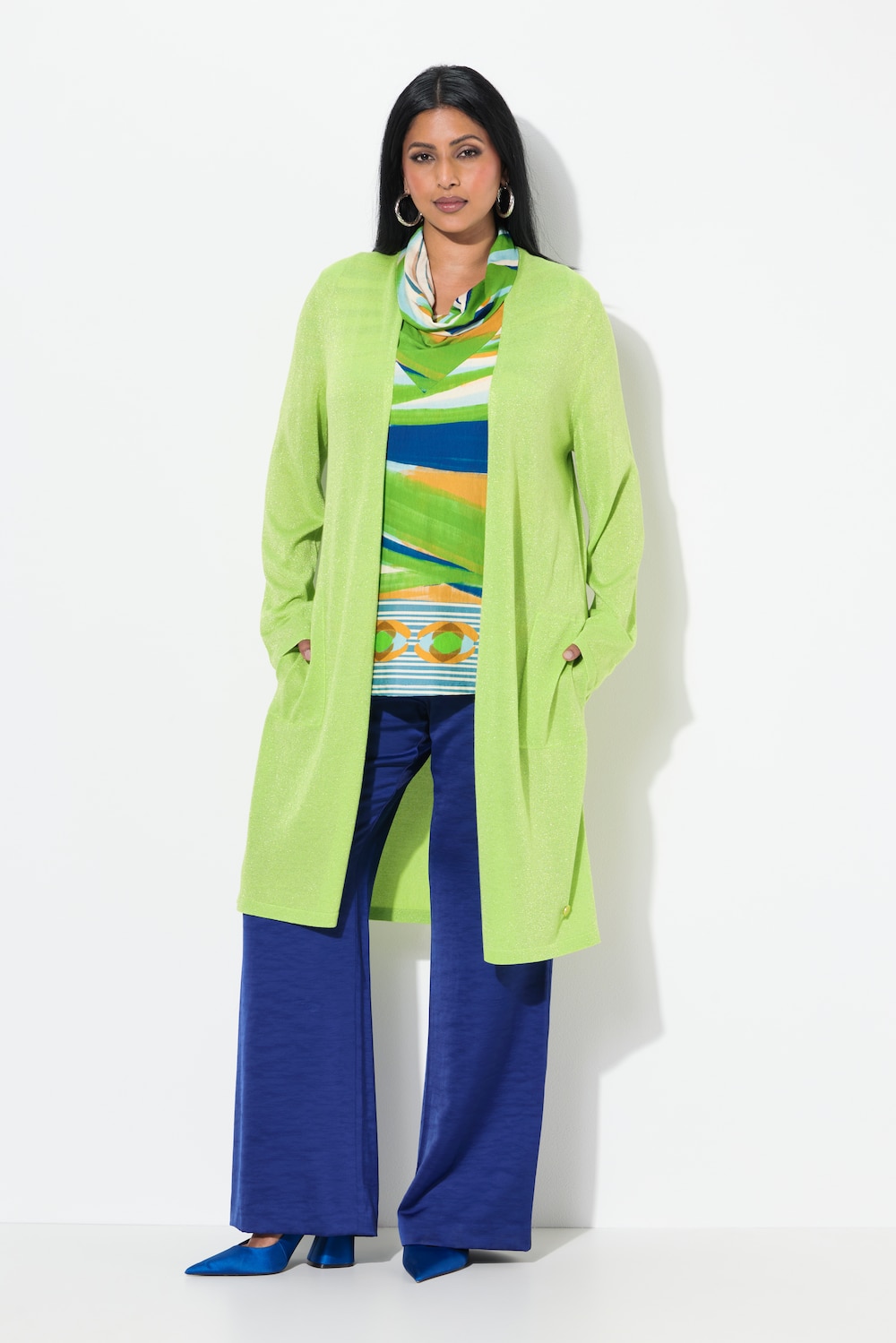 Große Größen Long-Strickjacke, Damen, grün, Größe: 54/56, Viskose/Metallische Fasern, Ulla Popken