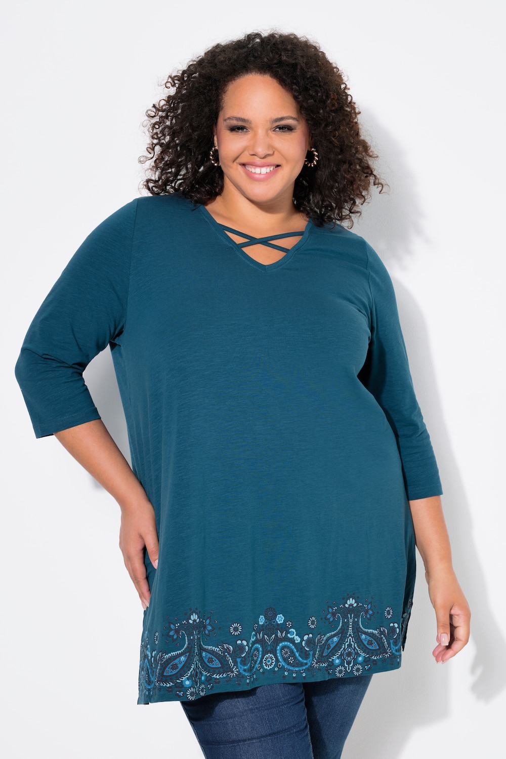 Longshirt, Bordürendruck, A-Linie, V-Ausschnitt, 3/4-Arm