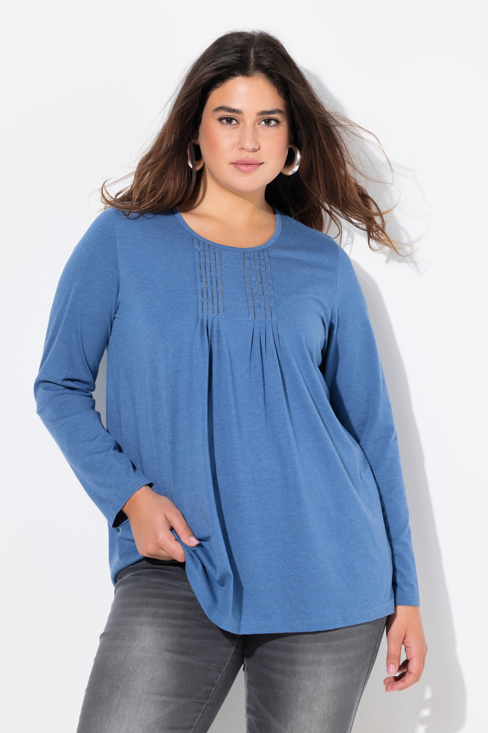 Ulla Popken Damen große Größen Shirt Falten Perlen A Linie Langarm 831073