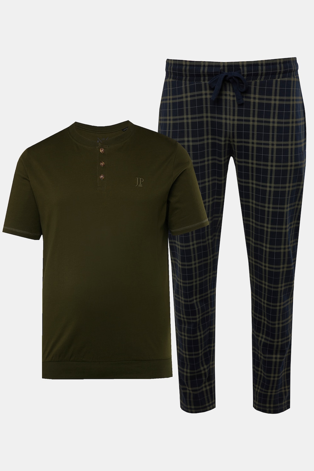 JP 1880 pyjama, Buik-Fit, Henley-shirt, korte mouwen, geruite broek, tot 8XL