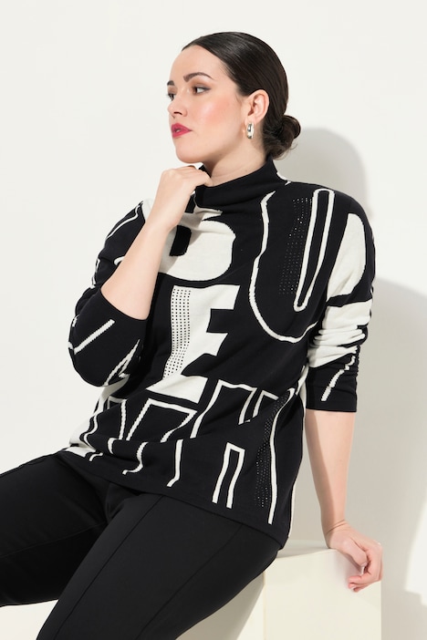 Letter Print Rhinestone Detail Turtleneck Sweater