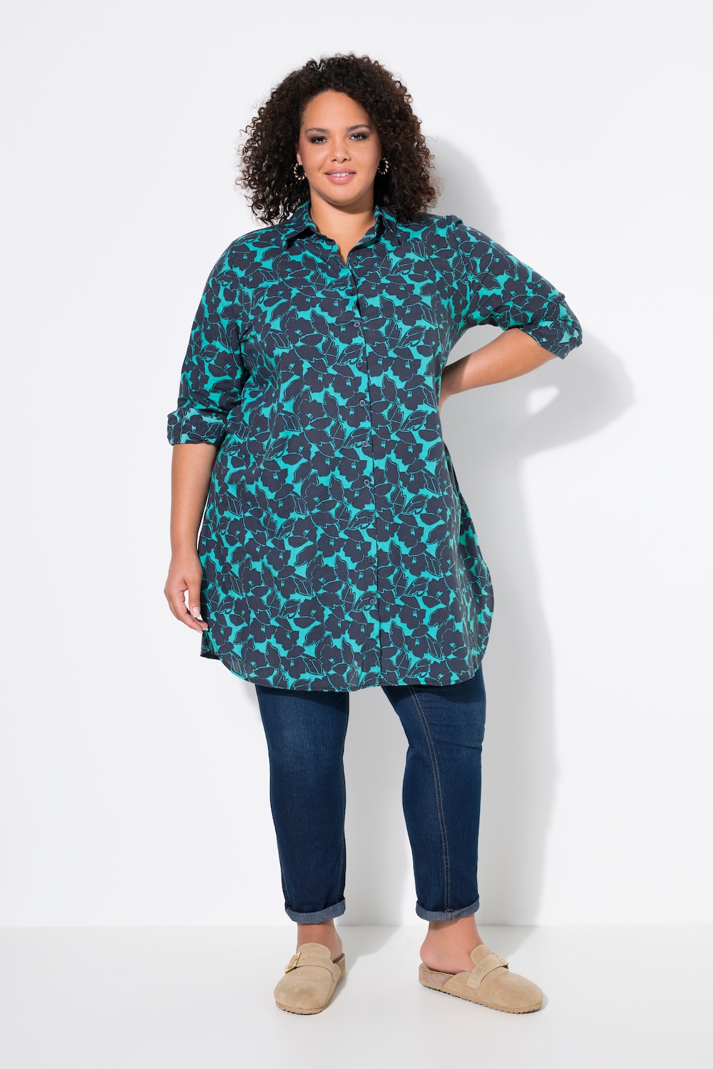 Grote Maten Longblouse, Dames, turquoise, Maat: 50/52, Katoen, Ulla Popken