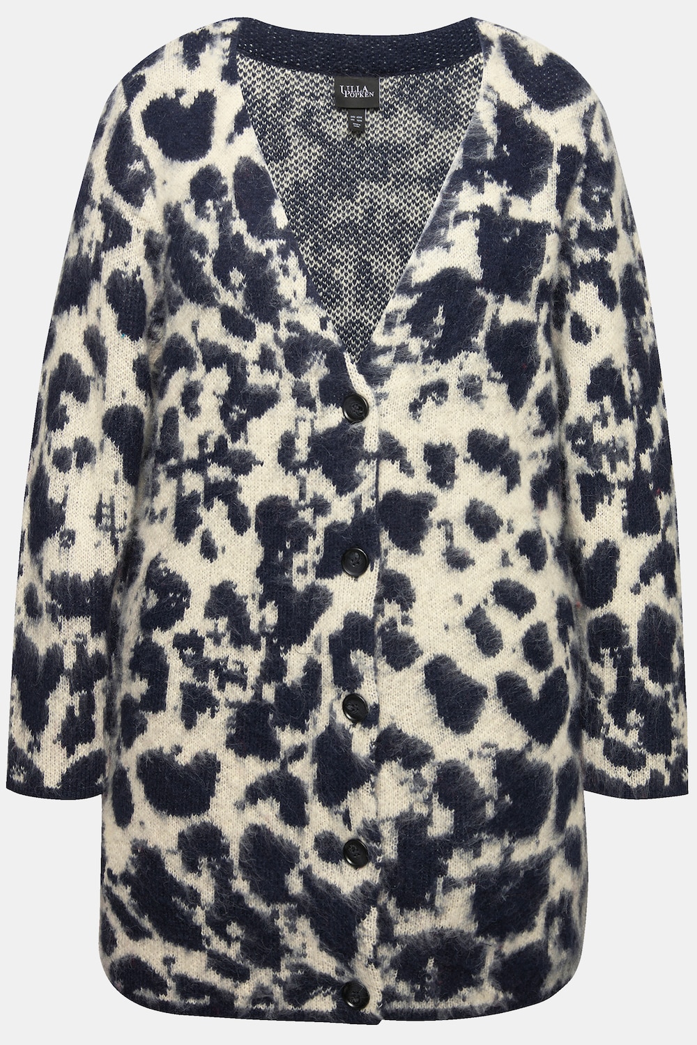 Stora storlekar Stickad kofta med leopardmönster, Dam, blå, storlek: 54/56, Syntetfibrer/Polyester, Ulla Popken