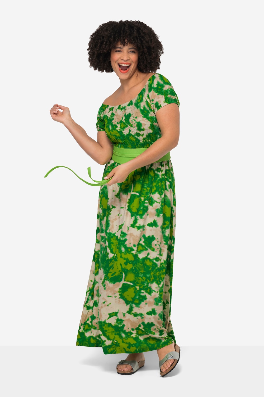 Maxi-jurk van jersey, allover print, ronde hals, gerimpelde buste, halve mouwen