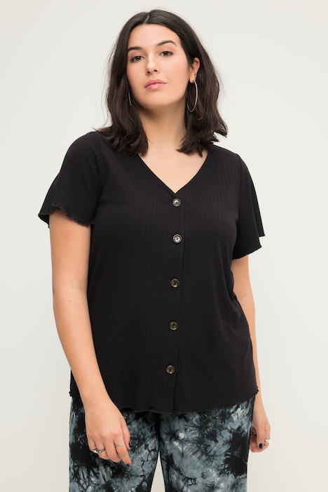 Ribbed Faux Button Short Sleeve Tee