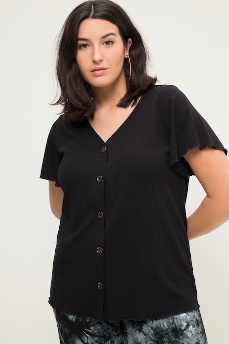 Ribbed Faux Button Short Sleeve Tee