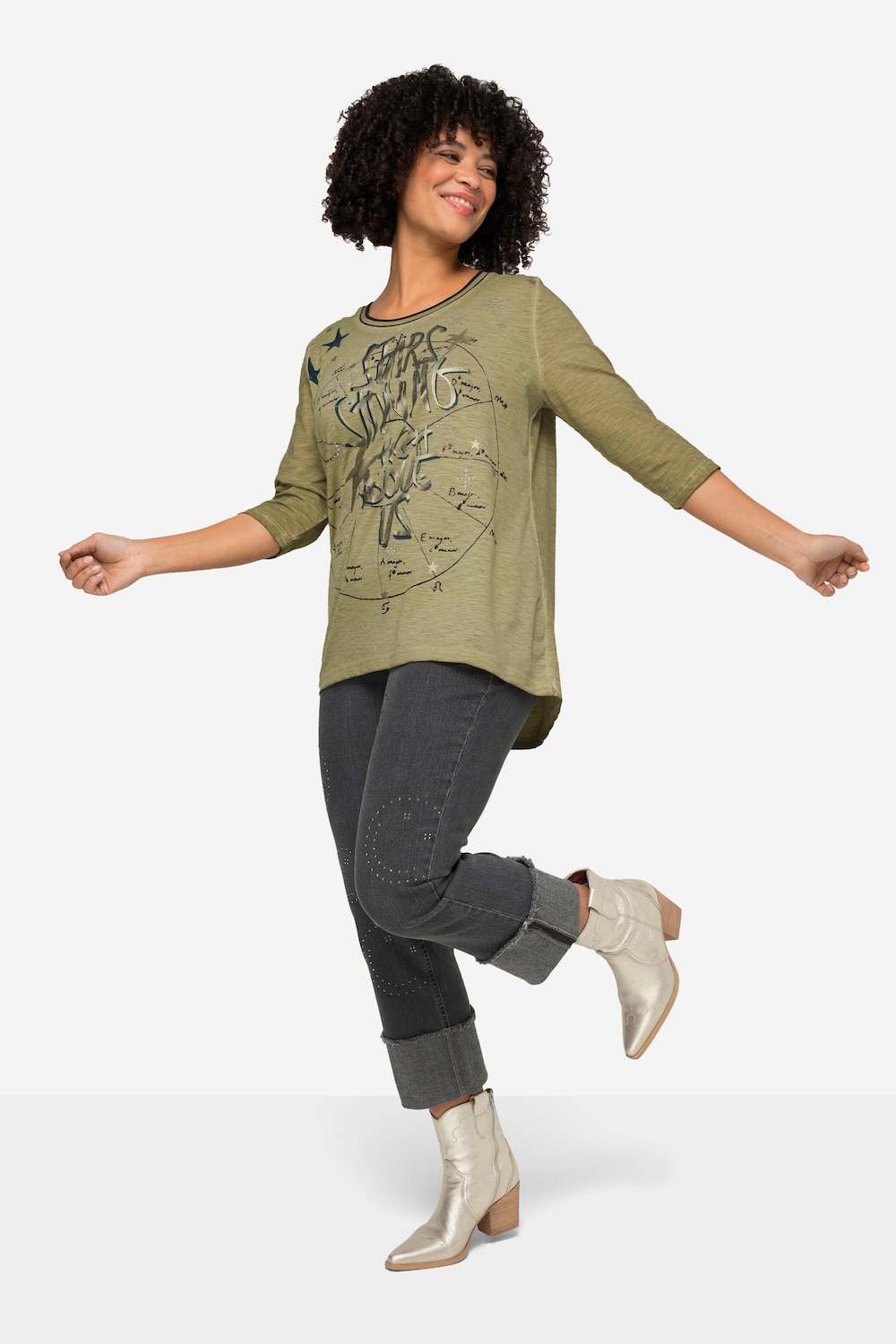 T-shirt, oversized, metallic sterren, ronde hals, 3/4-mouwen