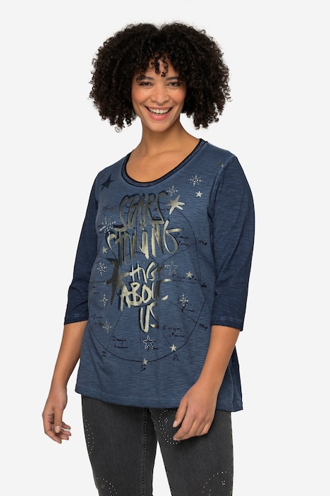 T-Shirt, oversized, Metallic-Stern, Rundhals, 3/4-Ärmel