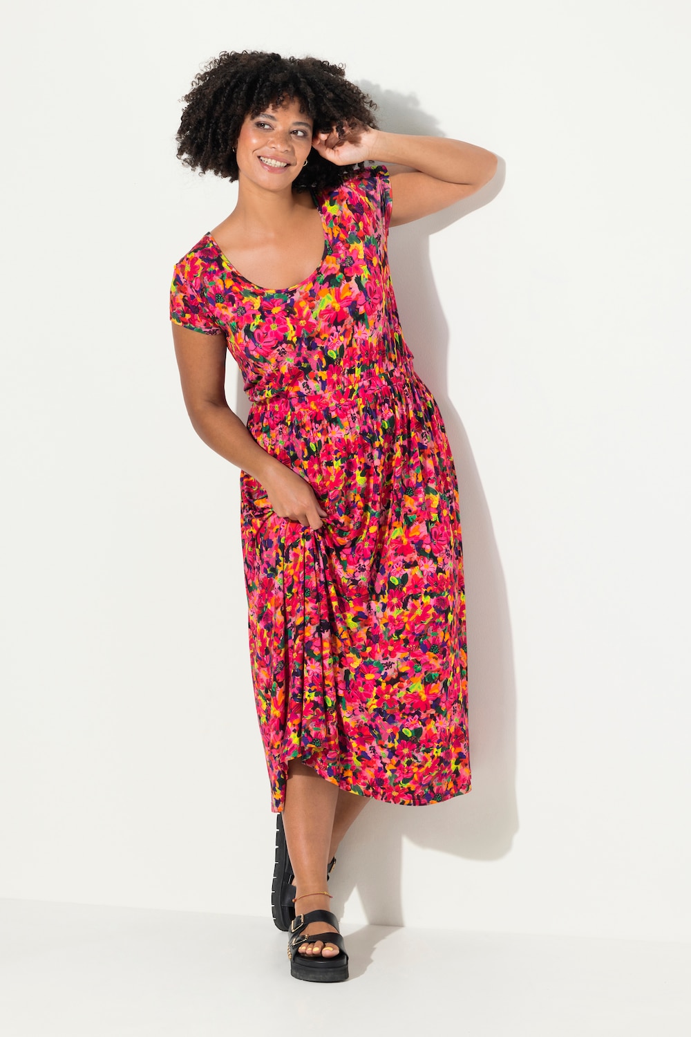 Midi-jurk van jersey, A-lijn, gebloemde all-over print