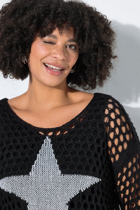 Sweter, luźny krój, dzianina z grubymi oczkami, gwiazda, rękaw 3/4