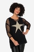 3/4-Sleeve Relaxed Fit Crew Neck Perforated Knit Star Sweater