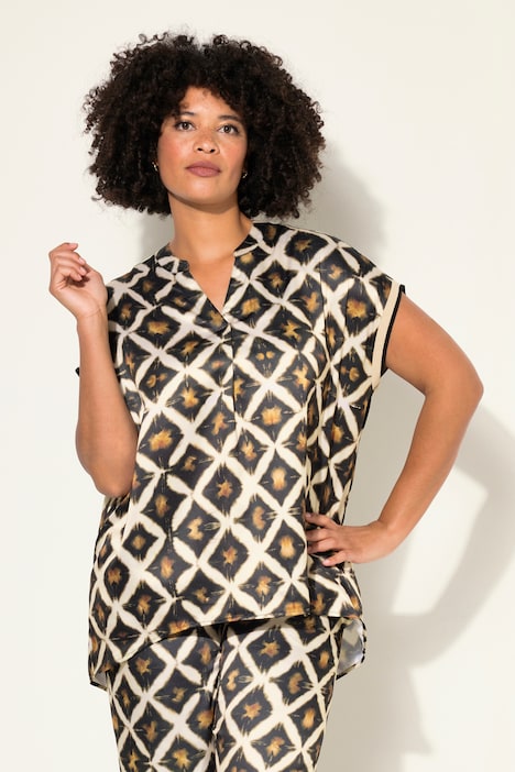 Blouse, relaxed fit, satijn met print, halve mouwen