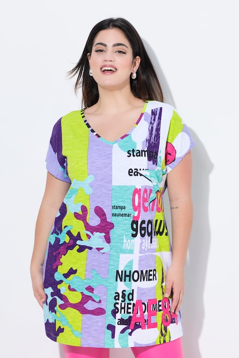 Longshirt, oversized, Alloverdruck, V-Ausschnitt