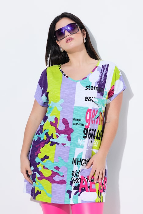 Longshirt, oversized, Alloverdruck, V-Ausschnitt